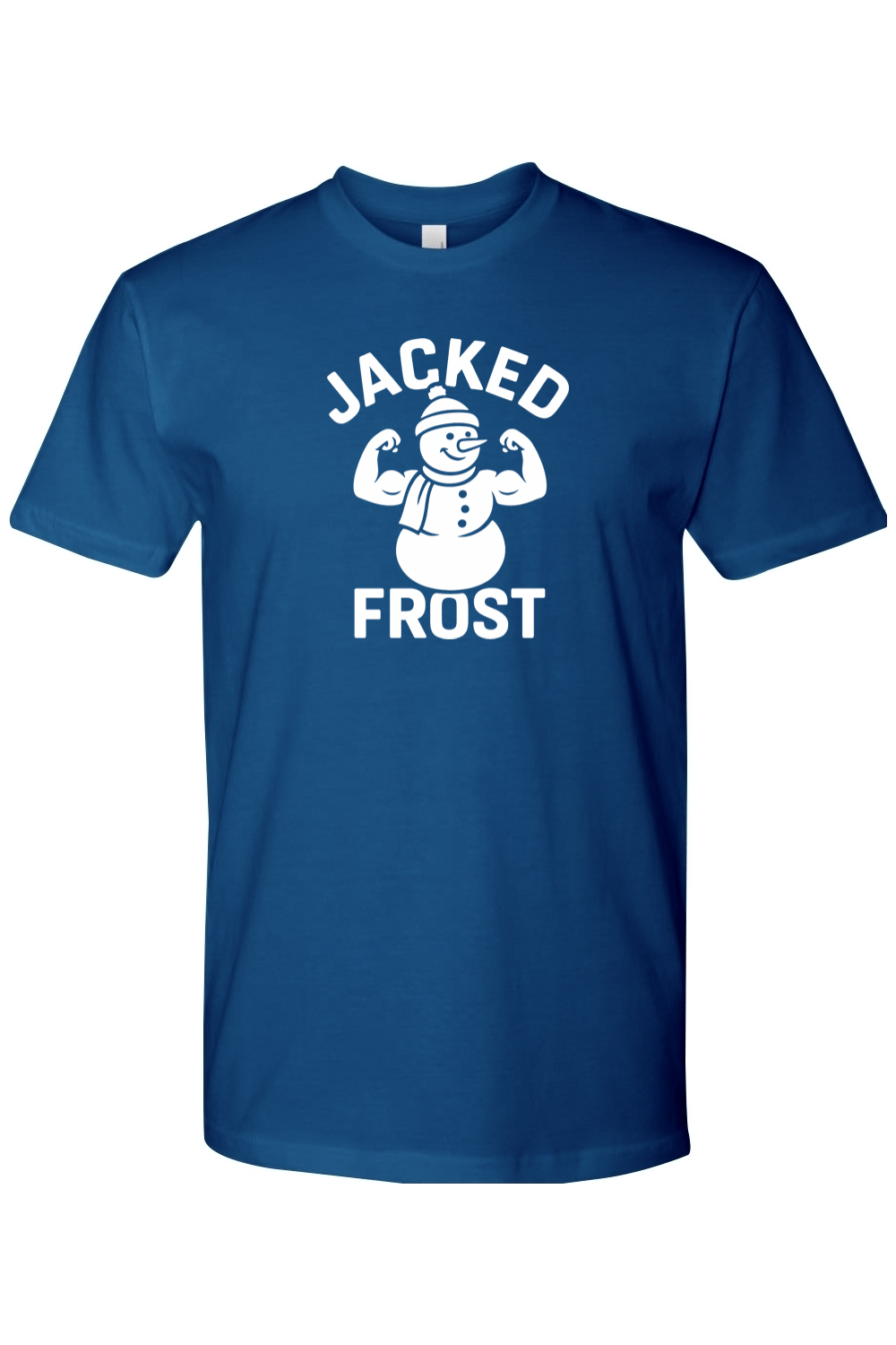 Blue Christmas t-shirt with "Jacked Frost" text in white with a muscular snowman flexing his biceps design funny gym humor festive holiday short sleeve shirt
