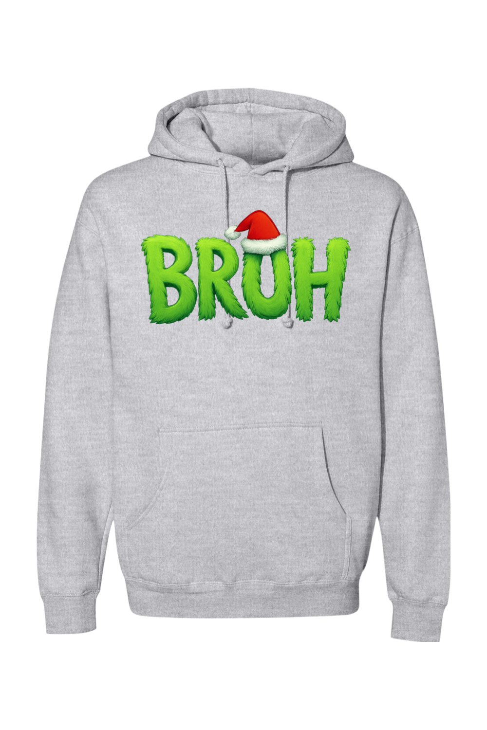Heather gray Christmas hoodie with "BRUH" text with a Santa hat design funny holiday humor long sleeve hooded sweatshirt
