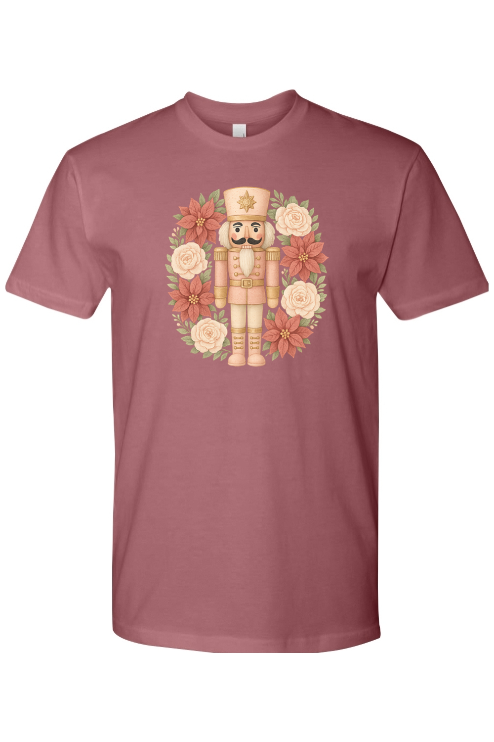 Mauve dark pink Christmas t-shirt with a poinsettia nutcracker wreath design trendy cute holiday short sleeve shirt