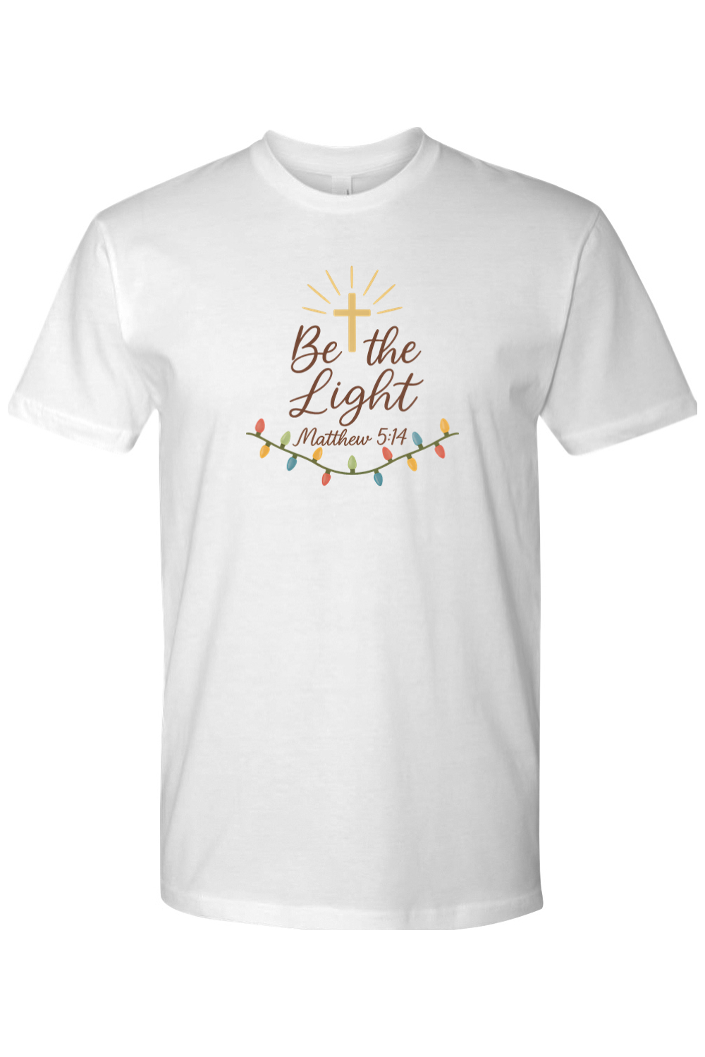 White Christmas t-shirt with "Be the Light Matthew 5:14" text and a cross Christmas lights design cute trendy religious God Jesus Christian holiday short sleeve shirt