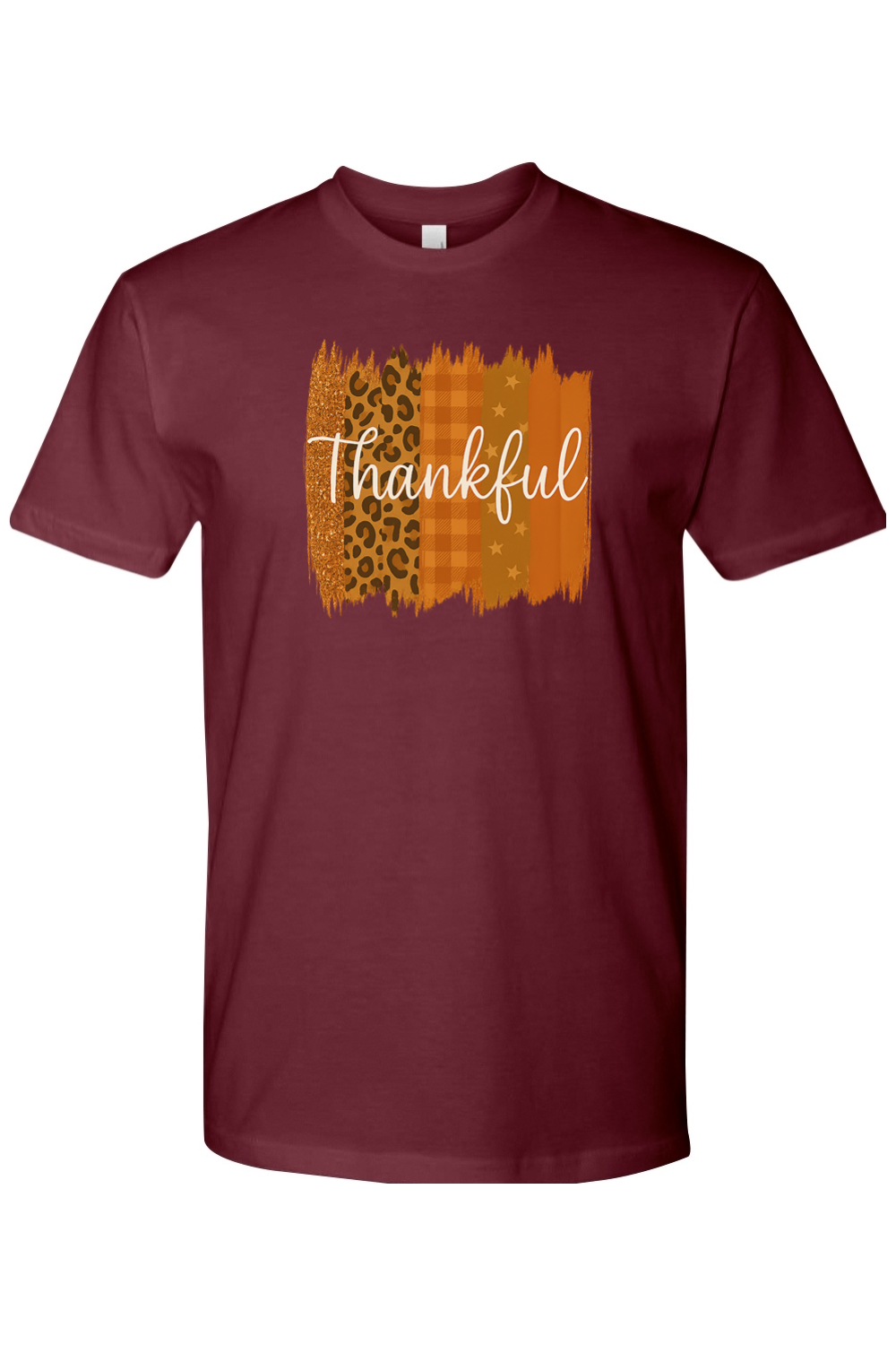 Maroon Thanksgiving t-shirt with "Thankful" text and patchwork leopard print, plaid, stars design trendy cute girly fall holiday short sleeve shirt