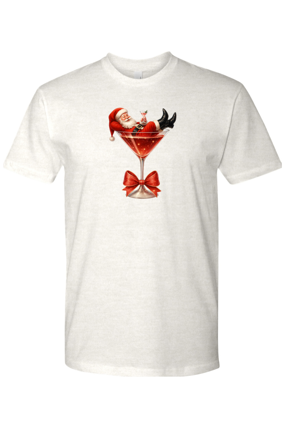 Light beige Christmas t-shirt with Santa sitting in a martini glass design funny cute holiday short sleeve shirt