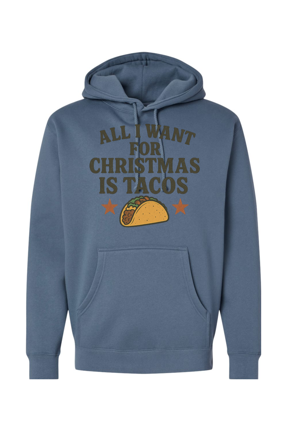 Blue Christmas hoodie with "All I Want for Christmas is Tacos" text with taco and stars design funny humor festive holiday long sleeve hooded sweatshirt