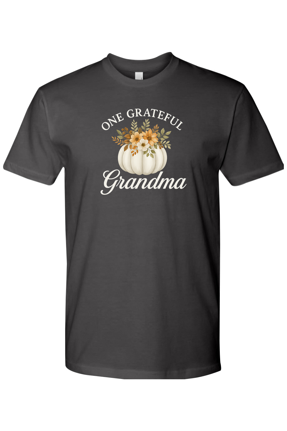 Dark grey gray Thanksgiving t-shirt with "One Grateful Grandma" text and a pumpkin with flowers design cute grandparent fall holiday short sleeve shirt
