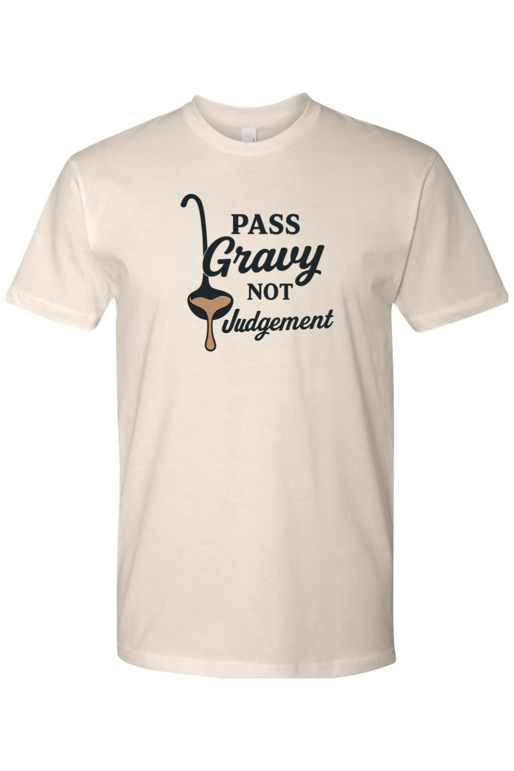 Cream beige Thanksgiving t-shirt with "Pass Gravy Not Judgement" text with a gravy spoon funny humor fall holiday short sleeve shirt