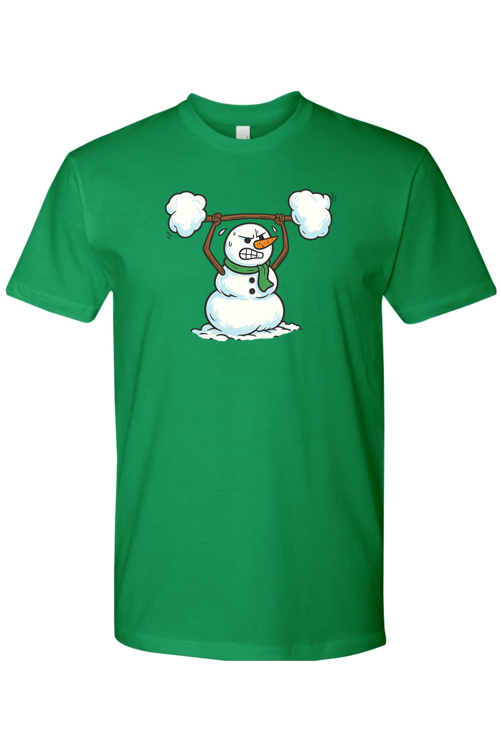 Green Christmas t-shirt with a snowman lifting a snow barbell design funny gym humor winter holiday short sleeve shirt