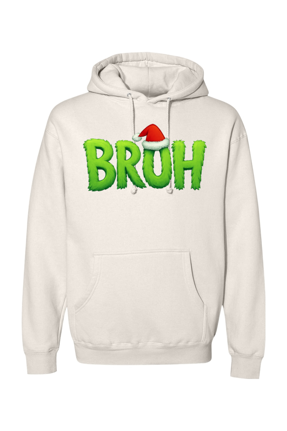 Cream Christmas hoodie with "BRUH" text with a Santa hat design funny holiday humor long sleeve hooded sweatshirt