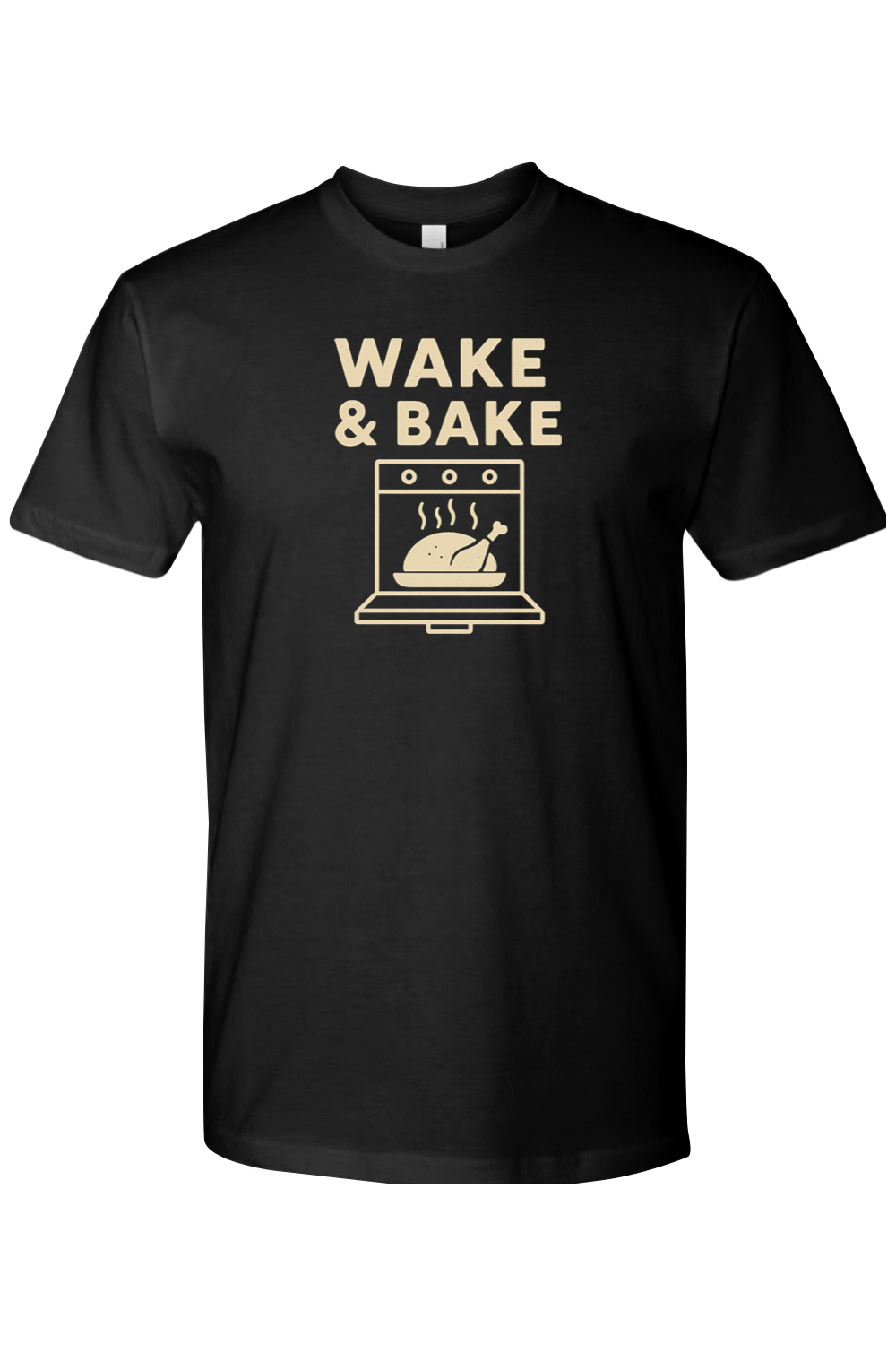 Black Thanksgiving t-shirt with "Wake & Bake" text and a turkey in an oven design funny sarcastic humor holiday fall short sleeve shirt