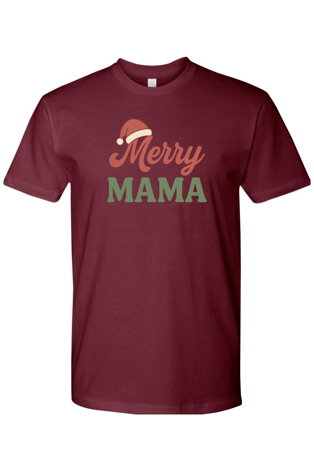 Maroon Christmas t-shirt with "Merry Mama" text with a Santa hat over the M in Merry cute trendy mom mother holiday short sleeve shirt