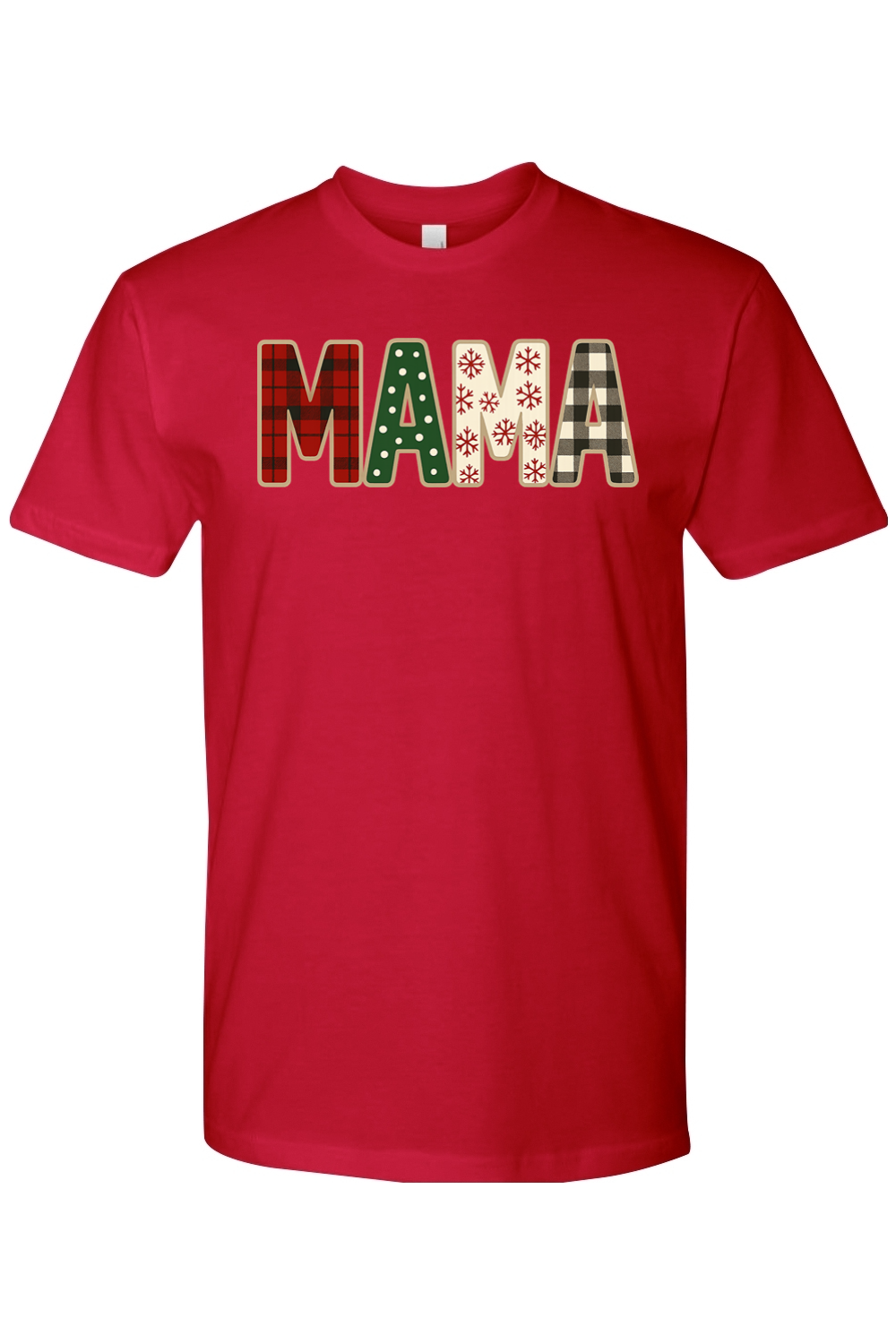 Red Christmas t-shirt with "MAMA" text with plaid, polka dots, and snowflakes pattern inside lettering cute trendy mom holiday short sleeve shirt