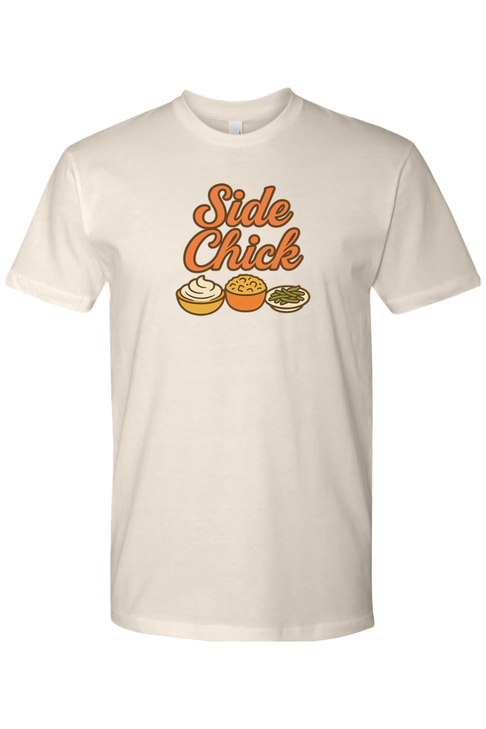 Beige cream Thanksgiving t-shirt with "Side Chick" text and mashed potatoes, stuffing, and green beans design funny sarcastic girly fall holiday short sleeve shirt
