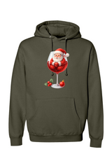 Olive green Christmas hoodie with Santa sitting in a wine glass design cute girly festive holiday long sleeve hooded sweatshirt