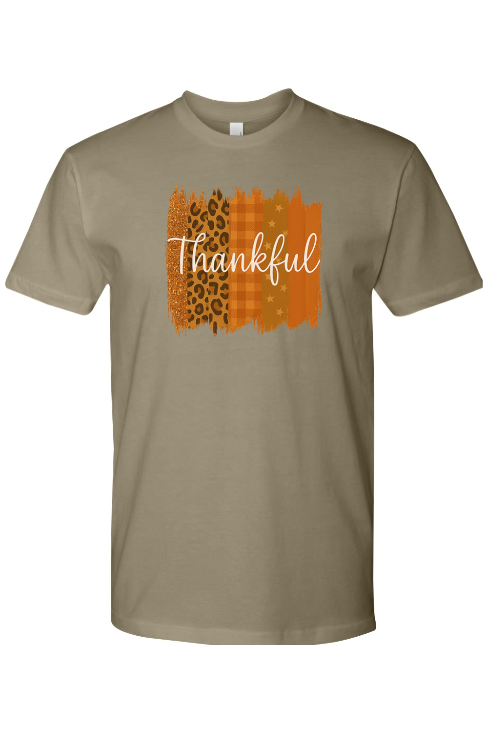 Light olive green Thanksgiving t-shirt with "Thankful" text and patchwork leopard print, plaid, stars design trendy cute girly fall holiday short sleeve shirt
