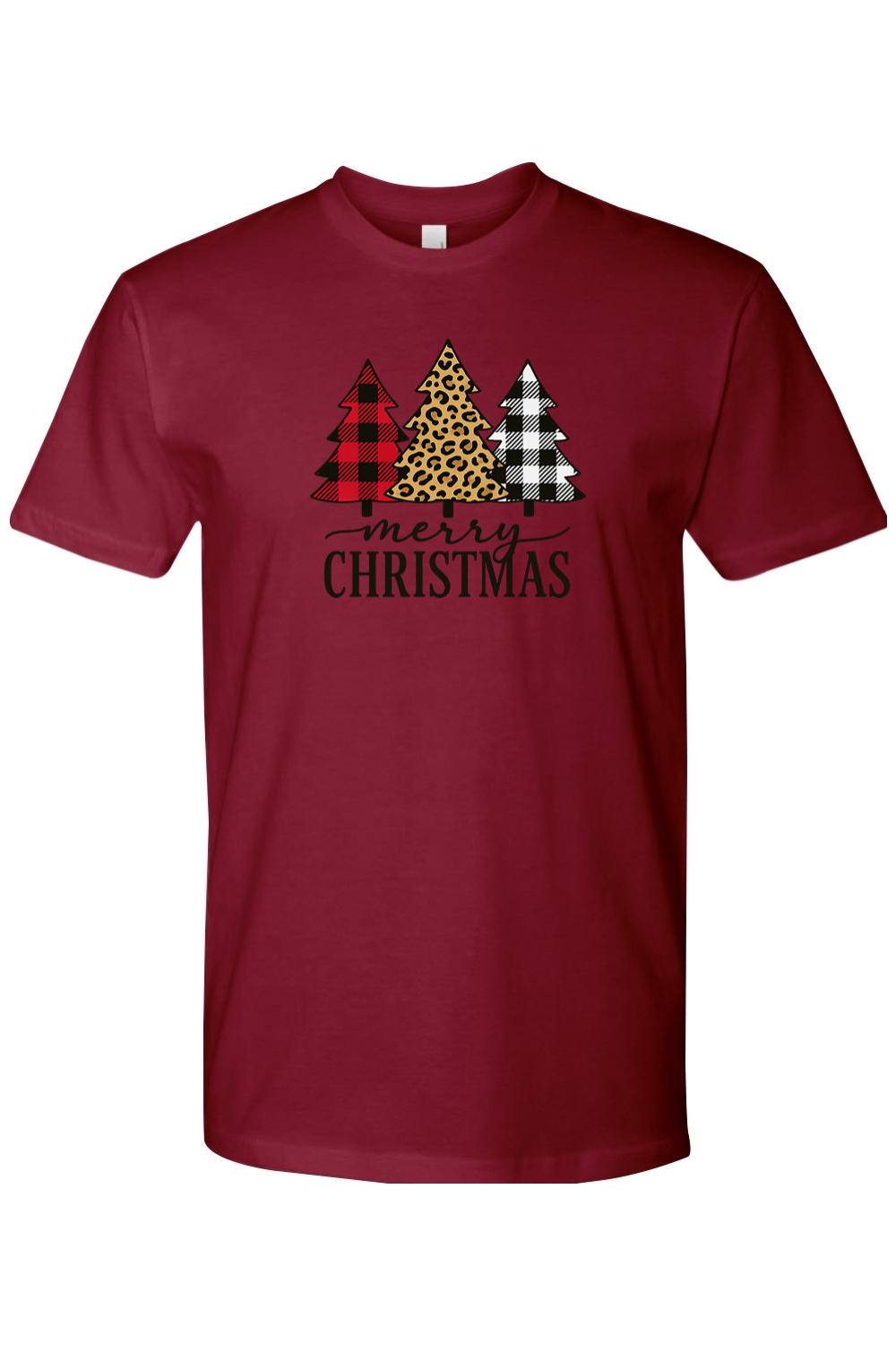 Burgundy Christmas t-shirt with plaid and leopard print Christmas trees design and "Merry Christmas" text festive trendy holiday short sleeve shirt