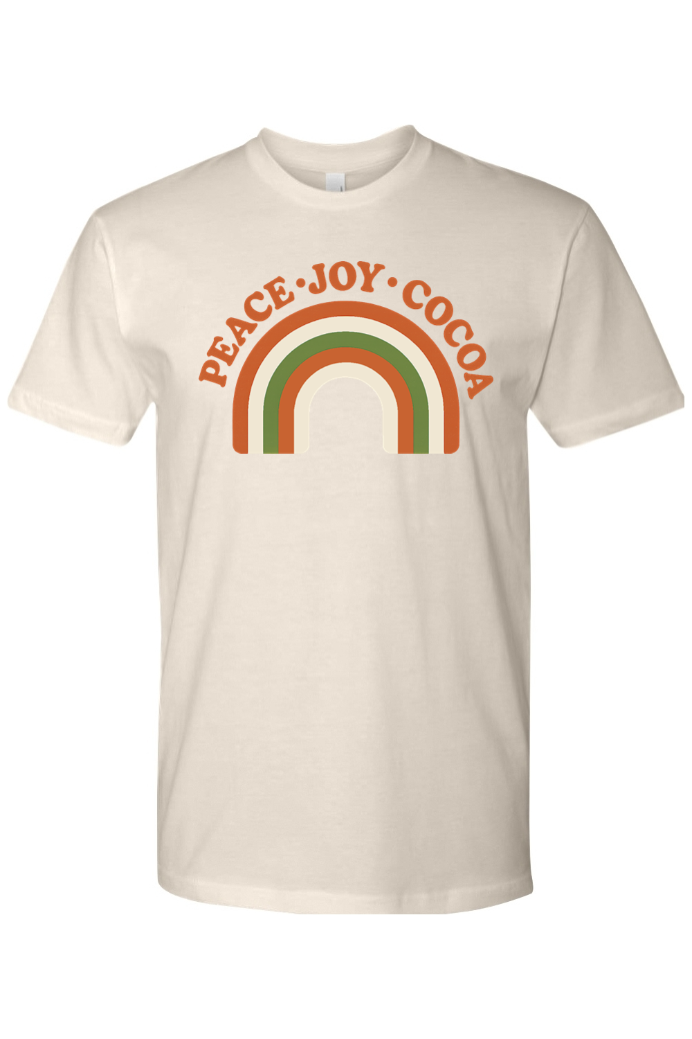 Beige vintage Christmas t-shirt with "Peace Joy Cocoa" text and a retro rainbow design cool trendy holiday short sleeve shirt