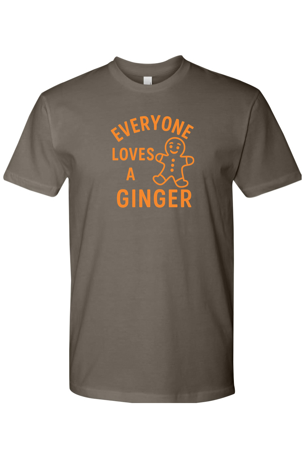 Gray Christmas t-shirt with "Everyone Loves A Ginger" text in orange with a minimal gingerbread cookie design funny sarcastic holiday humor short sleeve shirt