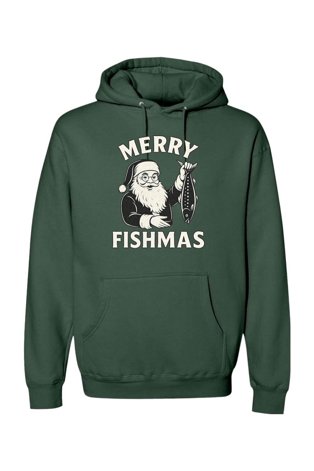 Pine green Christmas hoodie with "Merry Fishmas" text with Santa holding a fish design funny fishing holiday festive long sleeve hooded sweatshirt