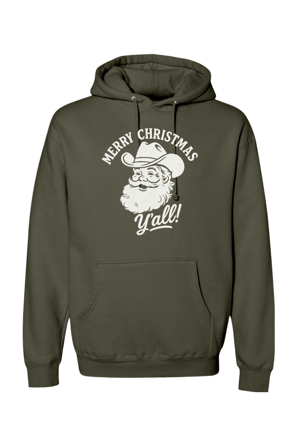 Olive green Christmas hoodie with "Merry Christmas Y'all!" text in white with Santa wearing a cowboy hat design funny western holiday long sleeve hooded sweatshirt