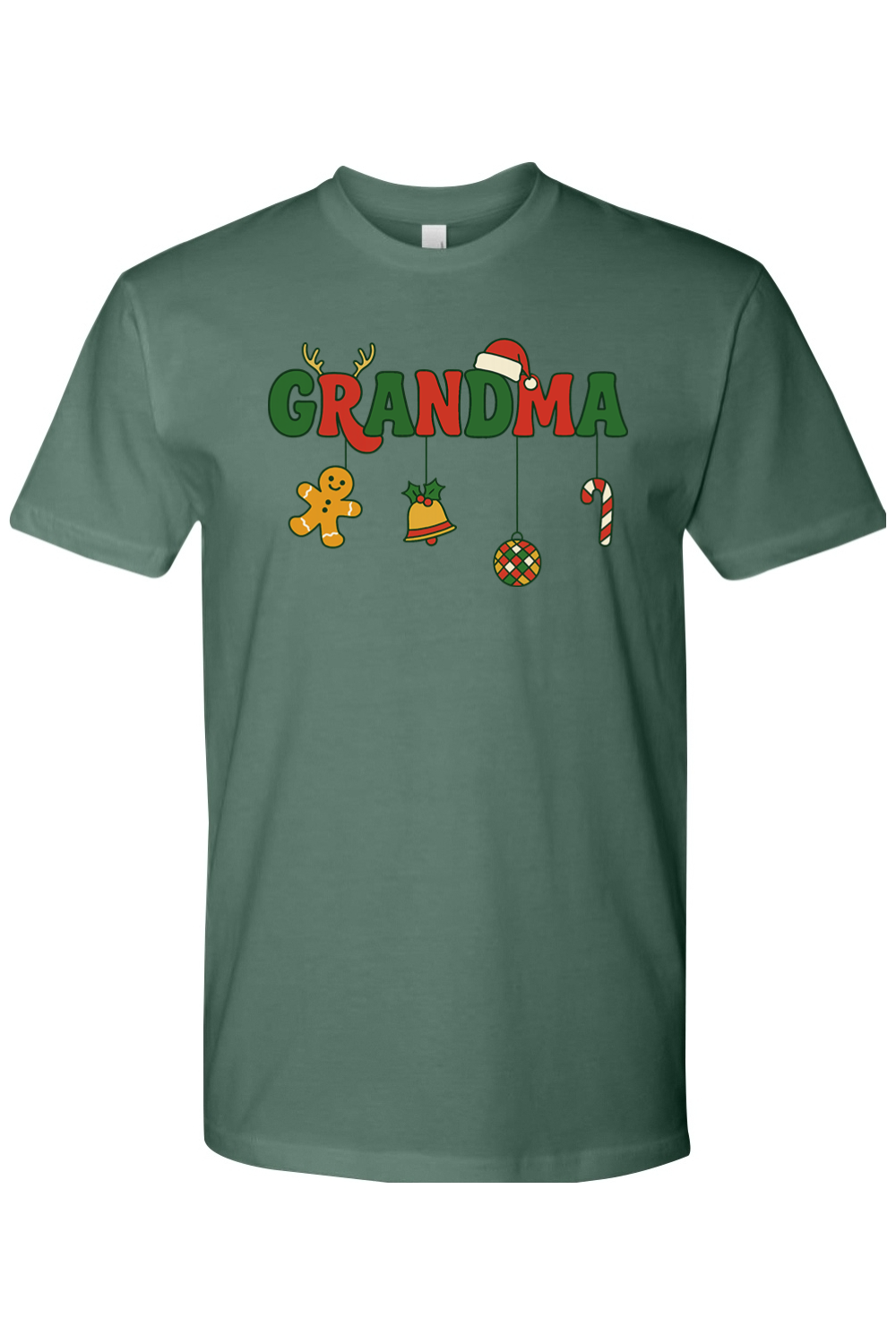 Pine green Christmas t-shirt with "Grandma" text with gingerbread, bell, disco ball, and candy cane ornaments hanging off the letters cute festive grandma grandmother holiday short sleeves shirt