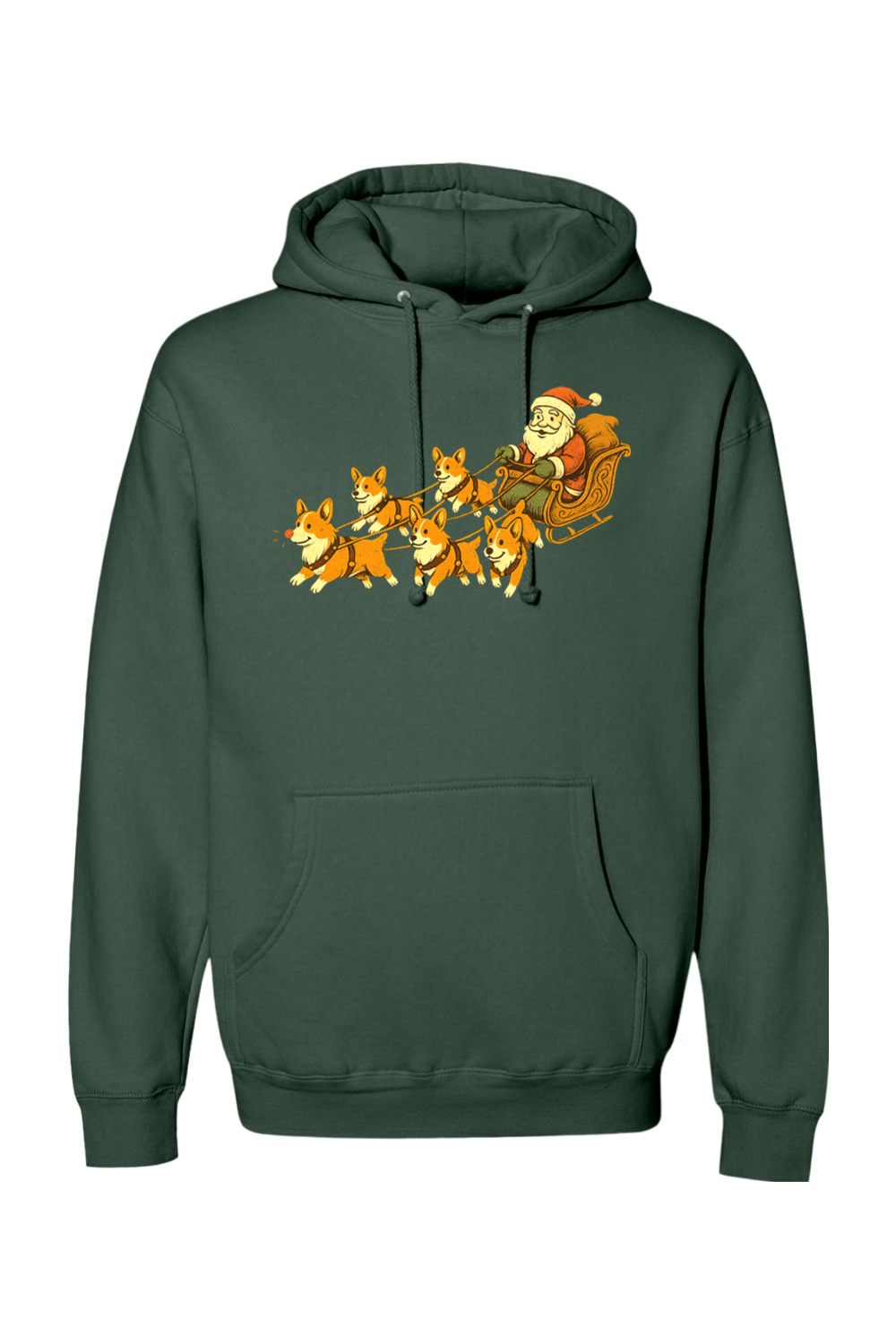 Pine green Christmas hoodie with Santa on a sleigh with corgi dogs pulling it cute funny holiday long sleeve hooded sweatshirt
