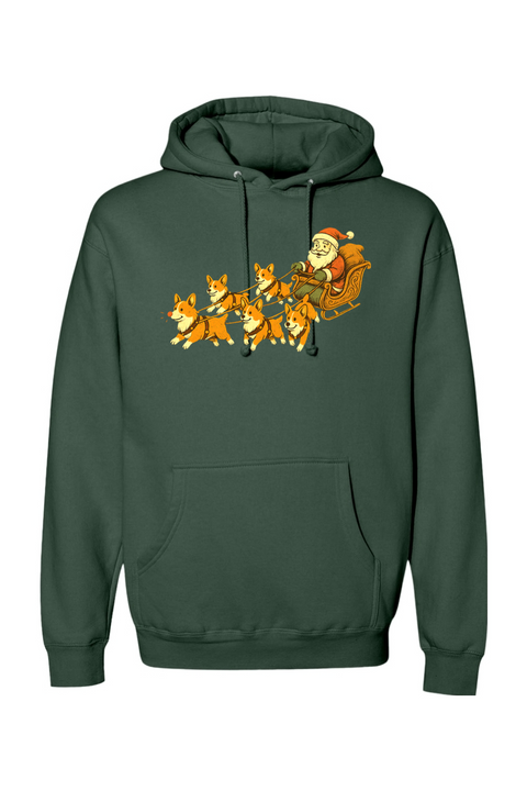 Pine green Christmas hoodie with Santa on a sleigh with corgi dogs pulling it cute funny holiday long sleeve hooded sweatshirt
