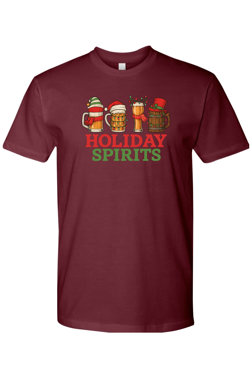 Maroon funny Christmas beer t-shirt text Holiday Spirits with beer mug design 