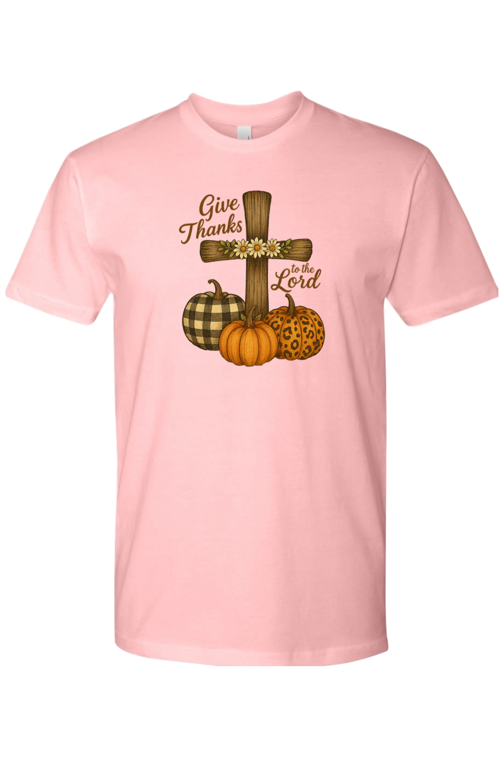 Pink Thanksgiving t-shirt with "Give Thanks to the Lord" text with flower cross and plaid leopard print pumpkins design cute trendy Jesus Christian fall short sleeve shirt