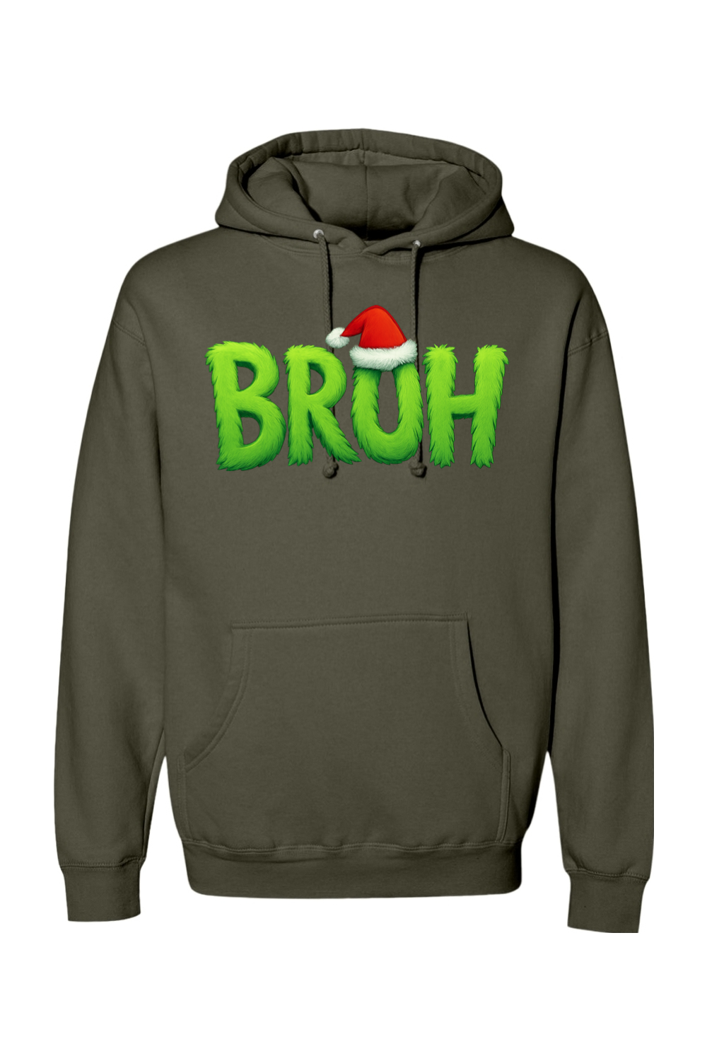 Olive green Christmas hoodie with "BRUH" text with a Santa hat design funny holiday humor long sleeve hooded sweatshirt