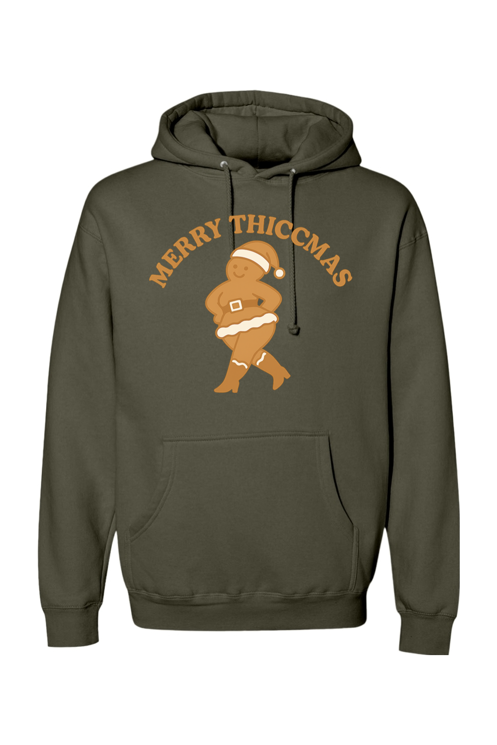 Olive green Christmas hoodie with "Merry Thiccmas" text and a curvy gingerbread woman design funny humor edgy holiday festive long sleeve hooded sweatshirt