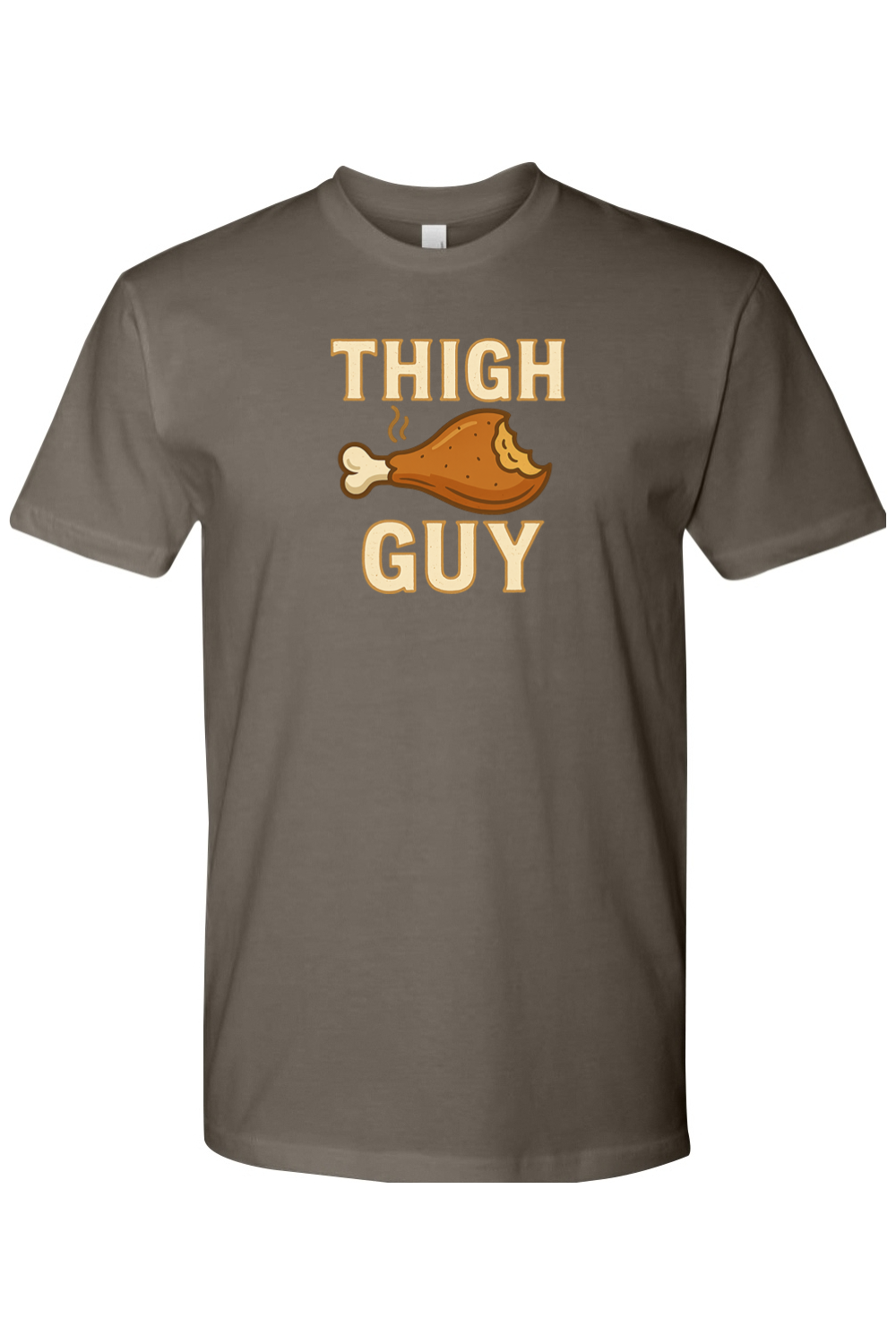 Gray Thanksgiving t-shirt with "Thigh Guy" text and a turkey leg design funny gym humor fall holiday short sleeve shirt
