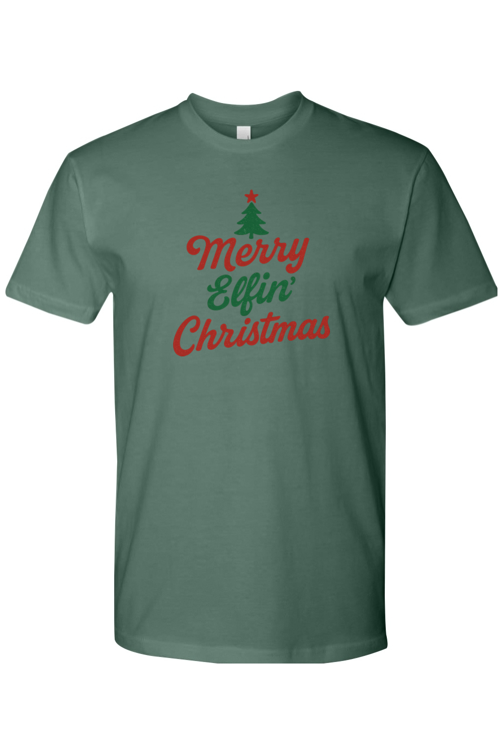 Pine green Christmas t-shirt with "Merry Elfin' Christmas" text in cursive with a Christmas tree design funny sarcastic holiday humor short sleeve shirt