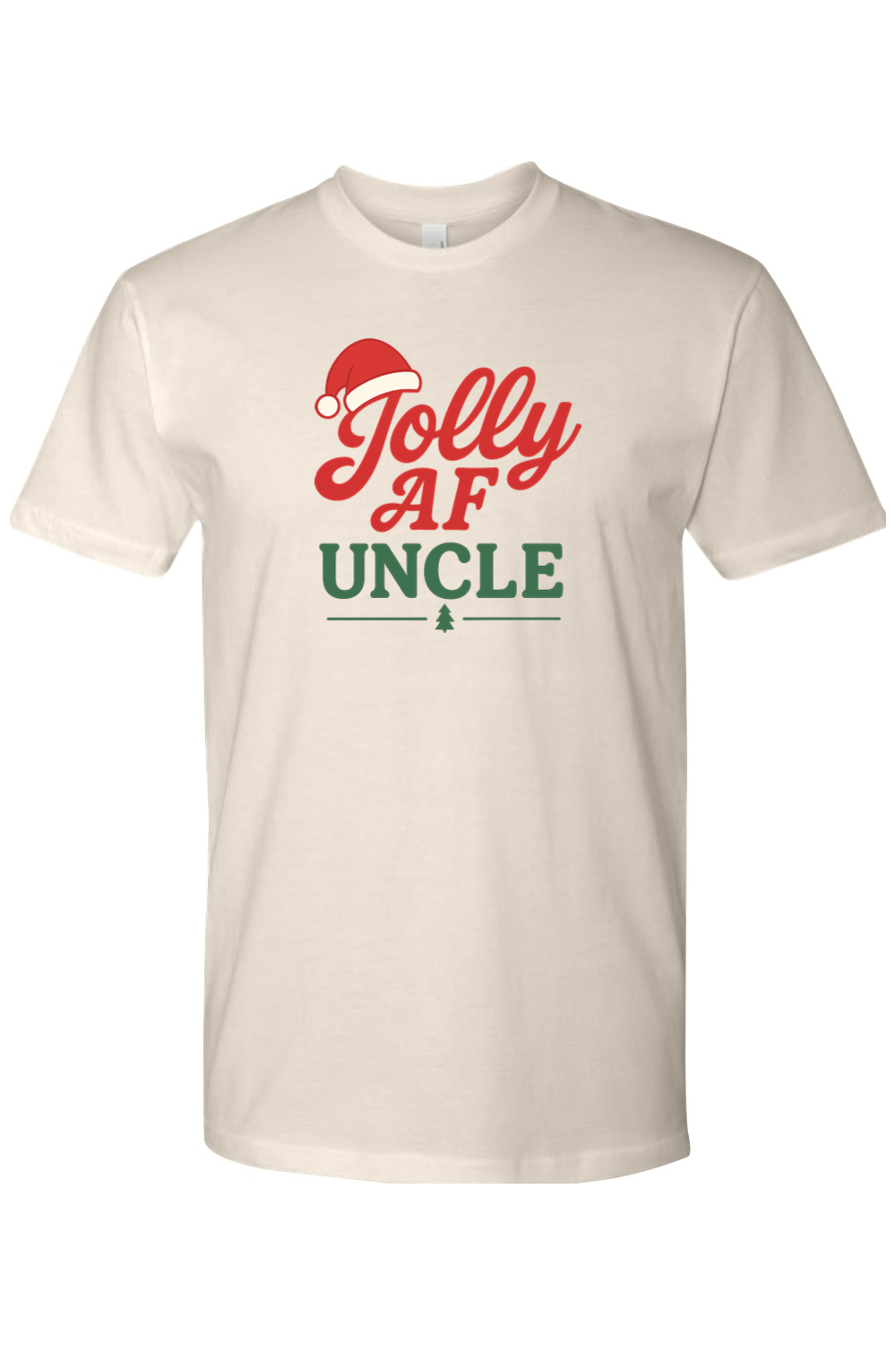 Beige Christmas t-shirt with "Jolly AF Uncle" text with a Santa hat and Christmas tree design funny holiday humor short sleeve shirt