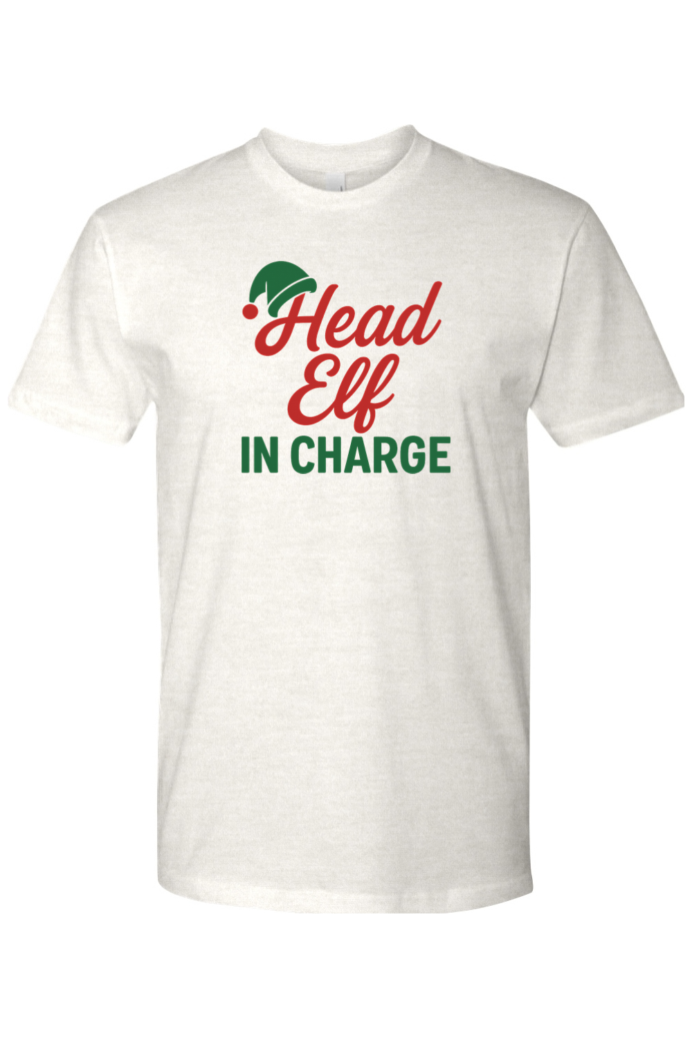 Light cream Christmas t-shirt with "Head Elf in Charge" text with an elf hat sitting on top of the H funny sarcastic holiday humor short sleeve shirt