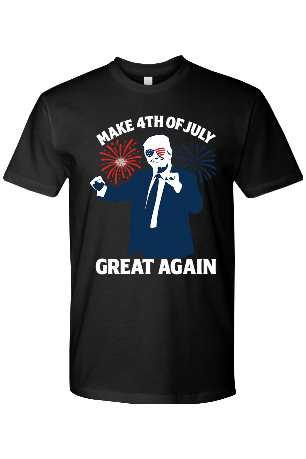 Black t-shirt with graphic design of Donald Trump dancing with the text "Make 4th of July Great Again" and fireworks behind him.