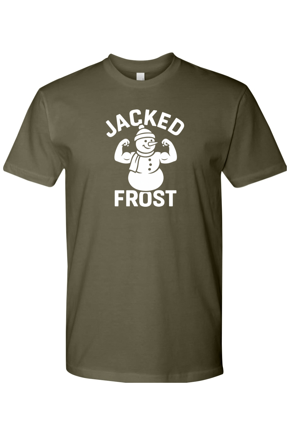 Olive green Christmas t-shirt with "Jacked Frost" text in white with a muscular snowman flexing his biceps design funny gym humor festive holiday short sleeve shirt