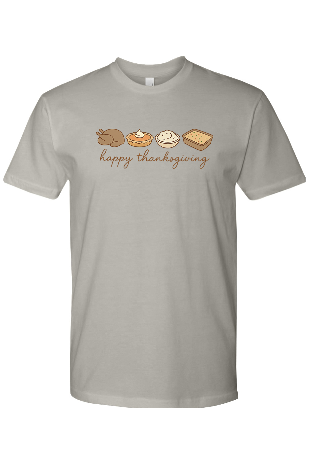 Grey gray Thanksgiving t-shirt with "happy thanksgiving" text and turkey, pumpkin pie, mashed potatoes, stuffing design cute trendy fall holiday short sleeve shirt
