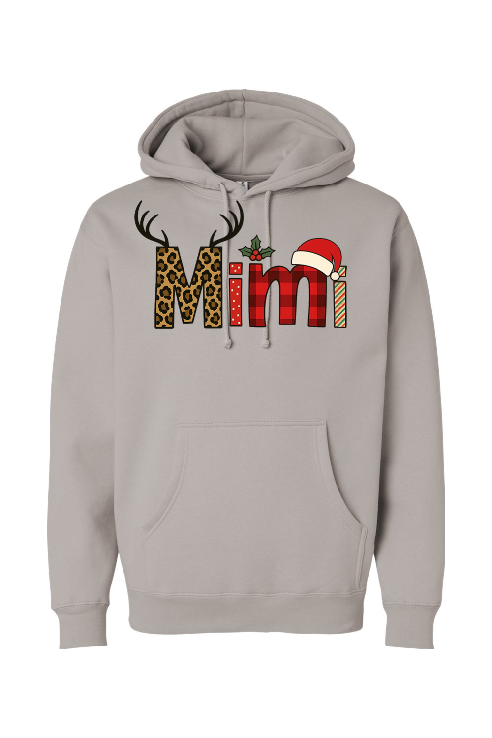 Gray Christmas hoodie with "Mimi" text antler design and the letters filled with leopard print, plaid, polka dots, and stripes cute grandma festive holiday long sleeve hooded sweatshirt