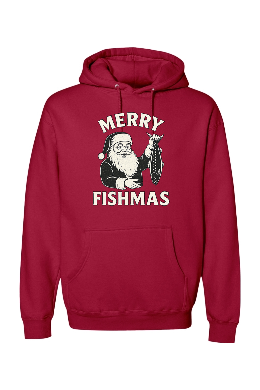 Red Christmas hoodie with "Merry Fishmas" text with Santa holding a fish design funny fishing holiday festive long sleeve hooded sweatshirt
