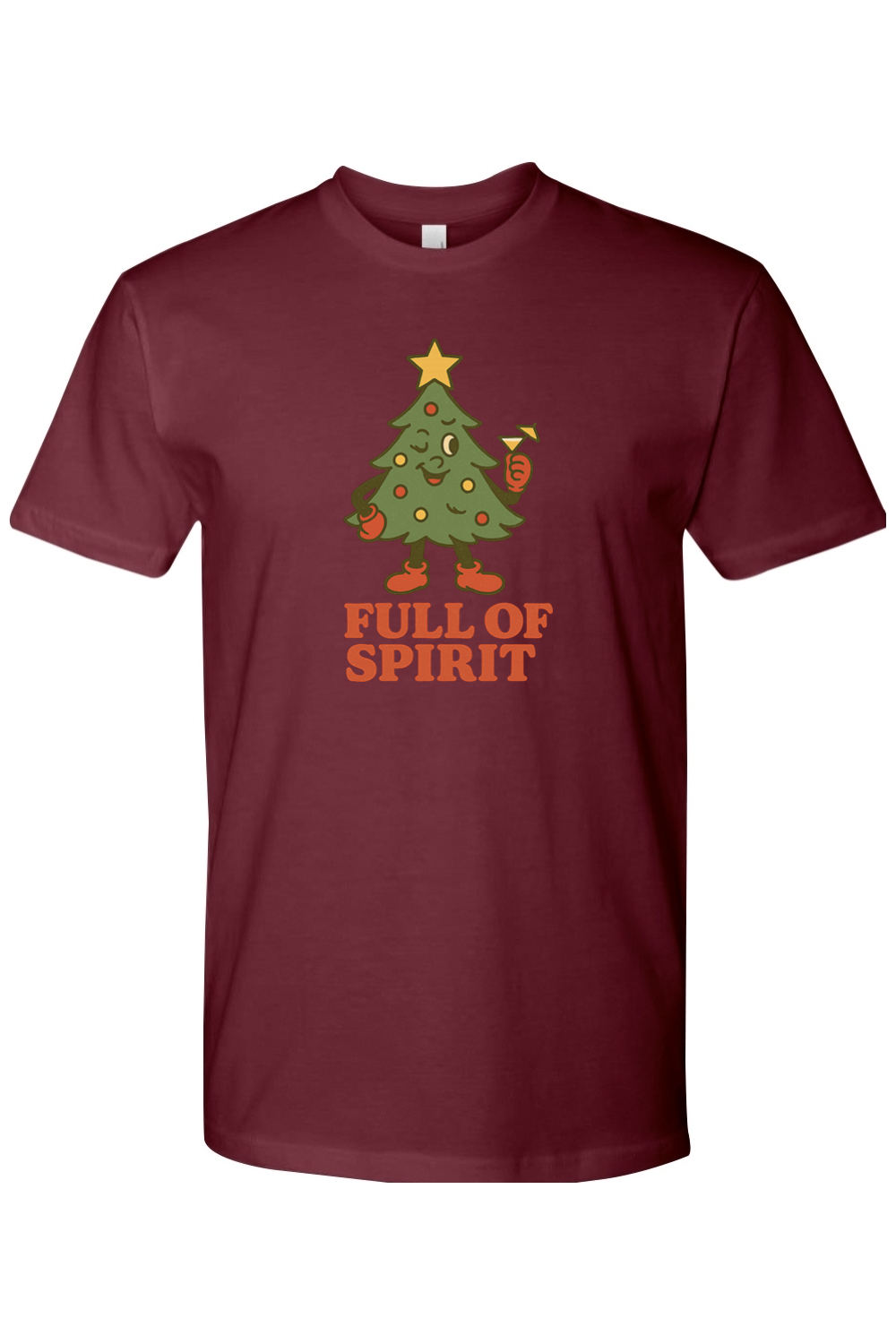 Maroon vintage Christmas t-shirt with "Full of Spirit" text with a Christmas tree holding a cocktail funny cute holiday humor short sleeve shirt