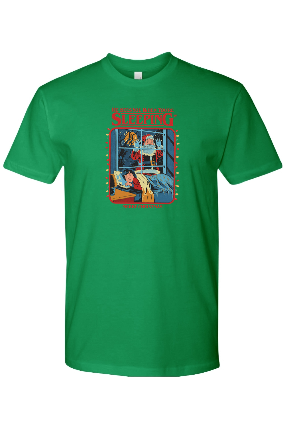 Green Christmas t-shirt with "He Sees You When You're Sleeping Merry Christmas" text in red with Santa looking through a kid's window design funny humor holiday short sleeve shirt