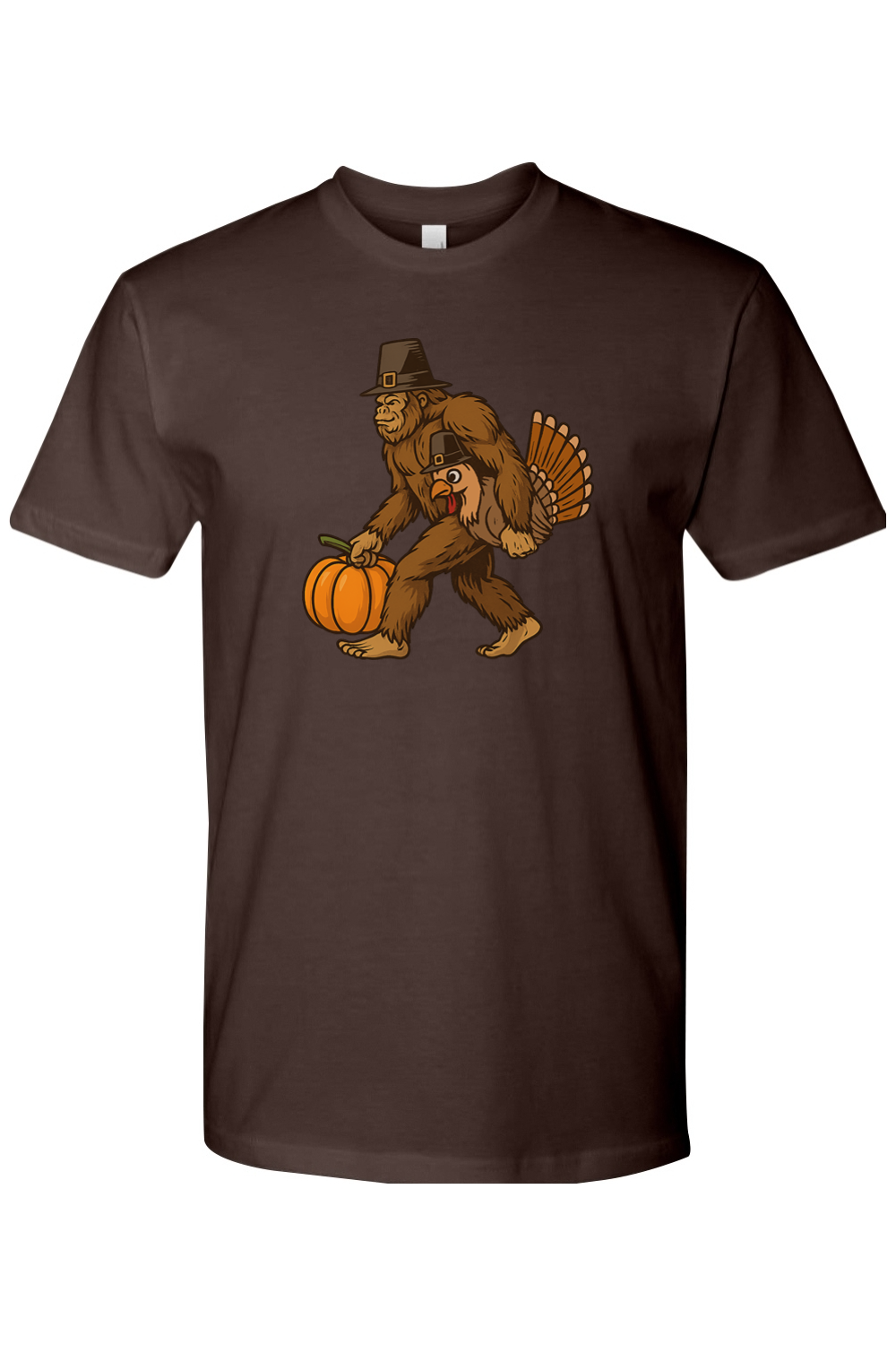 Brown Thanksgiving t-shirt with bigfoot sasquatch holding a pumpkin and a turkey design funny humor fall holiday short sleeve shirt