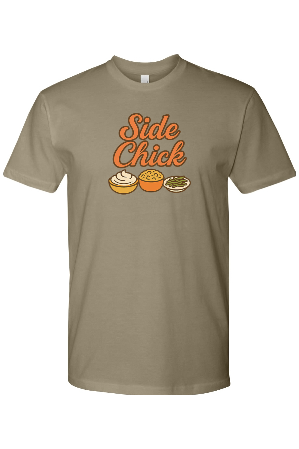 Light olive green Thanksgiving t-shirt with "Side Chick" text and mashed potatoes, stuffing, and green beans design funny sarcastic girly fall holiday short sleeve shirt