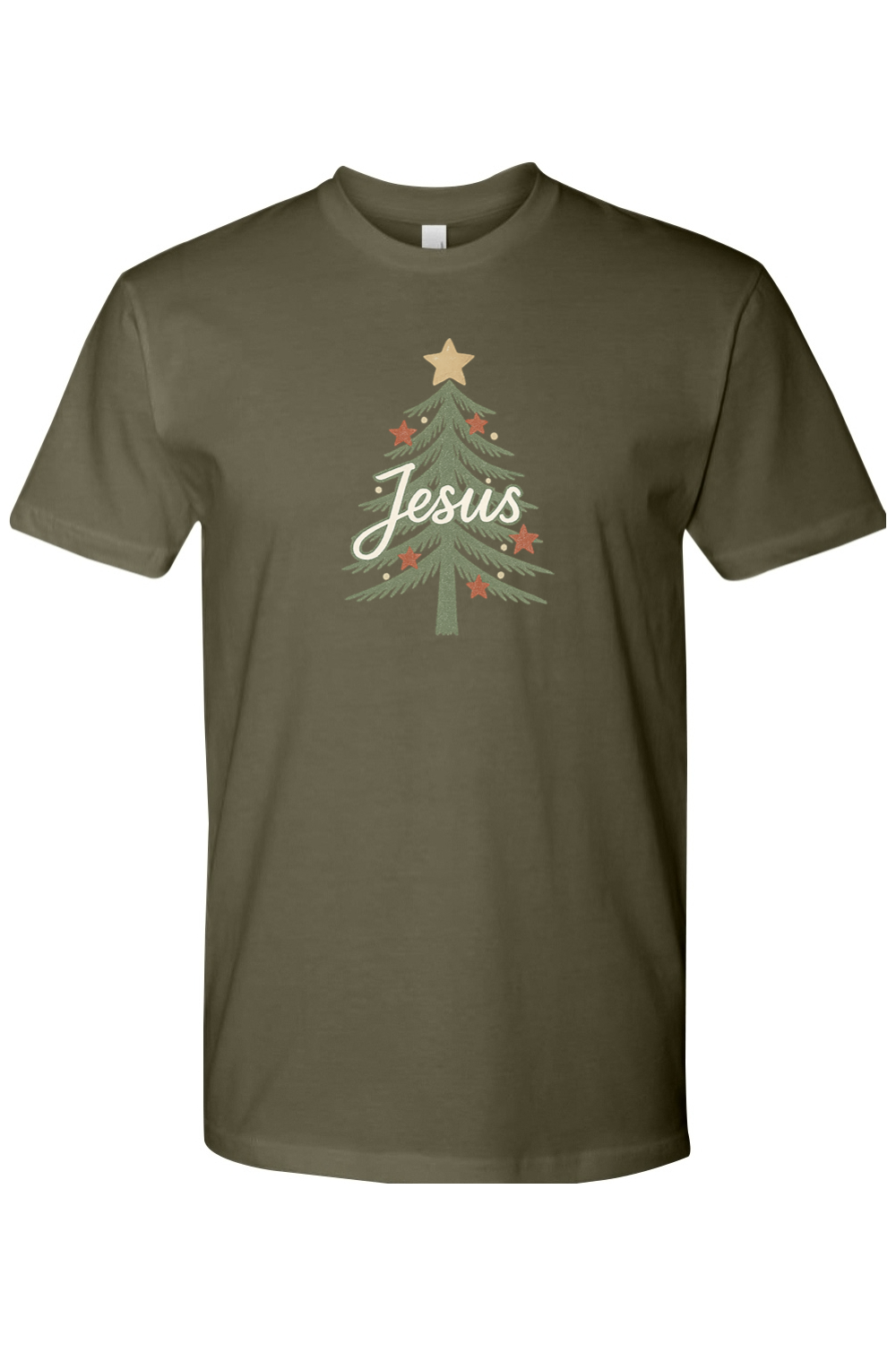 Olive green Christmas t-shirt with "Jesus" text in a Christmas tree design cute trendy religious Christian God holiday short sleeve shirt