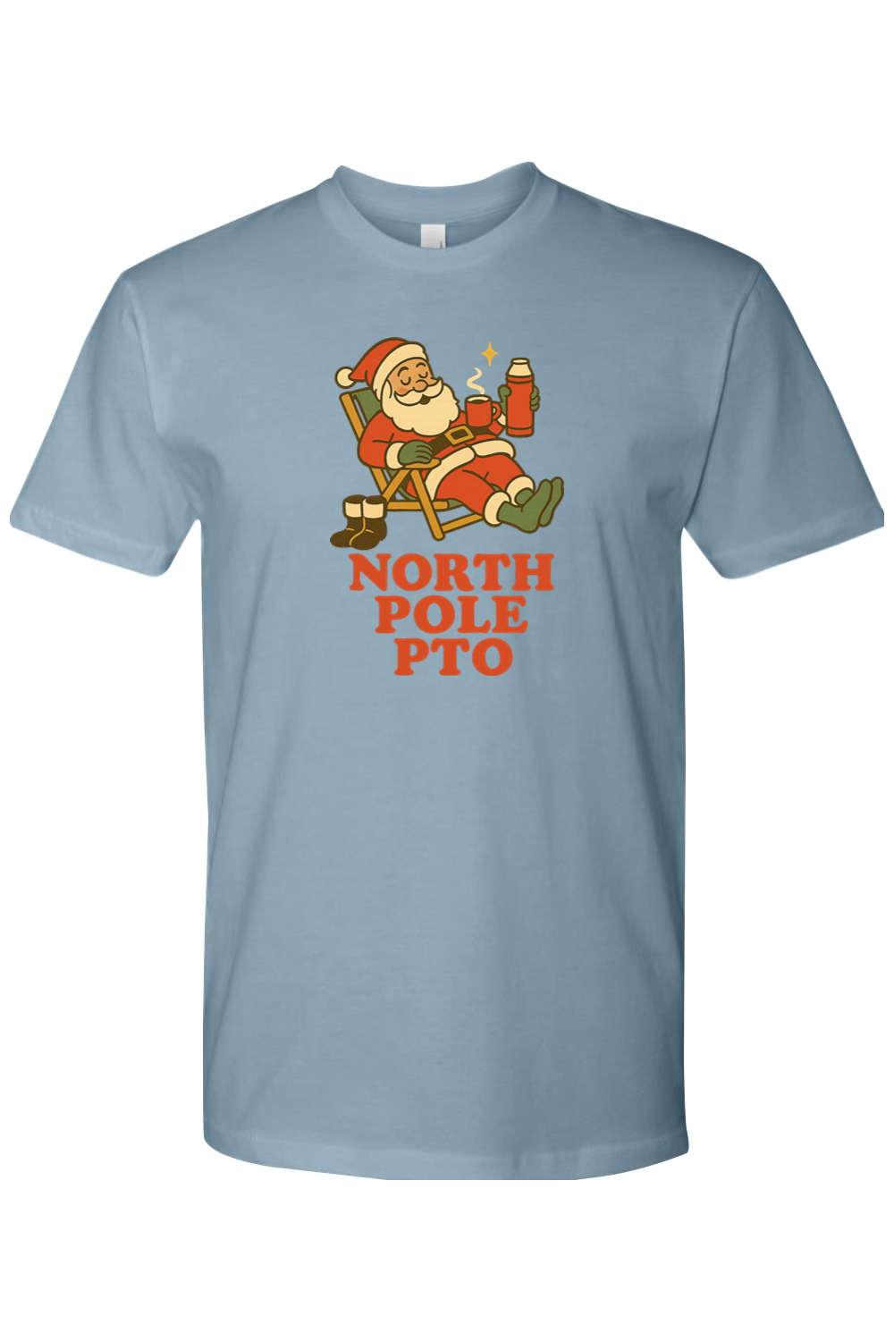 Blue vintage Christmas t-shirt with "North Pole PTO" text and Santa relaxing on a reclining chair with hot cocoa design funny holiday humor short sleeve shirt