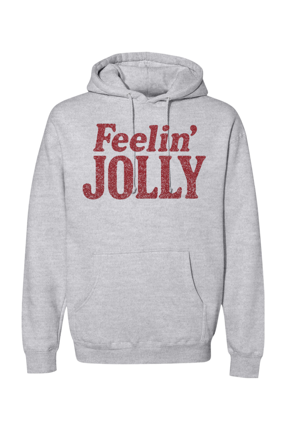 Heather gray Christmas hoodie with "Feelin' Jolly" text in dark red funny holiday humor long sleeve hooded sweatshirt