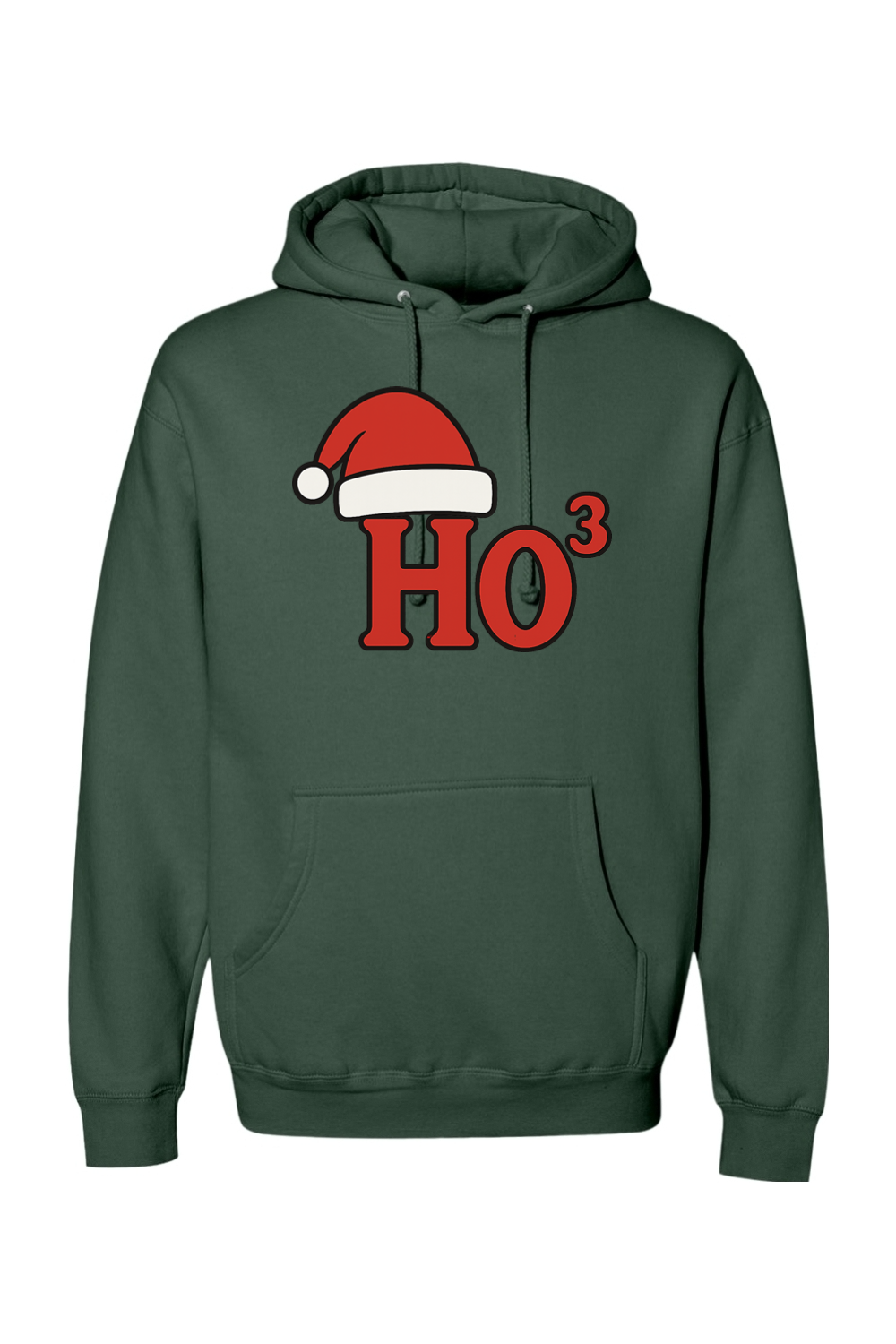 Pine green Christmas hoodie with "Ho³" text in red with a Santa hat design funny holiday humor long sleeve hooded sweatshirt