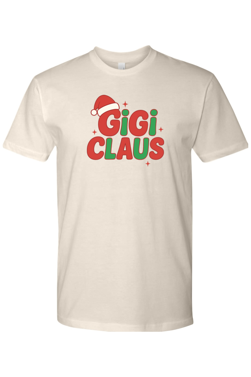 Beige Christmas t-shirt with "Gigi Claus" text in green and red with a Santa hat sitting on the G cute grandma grandparent holiday short sleeve shirt