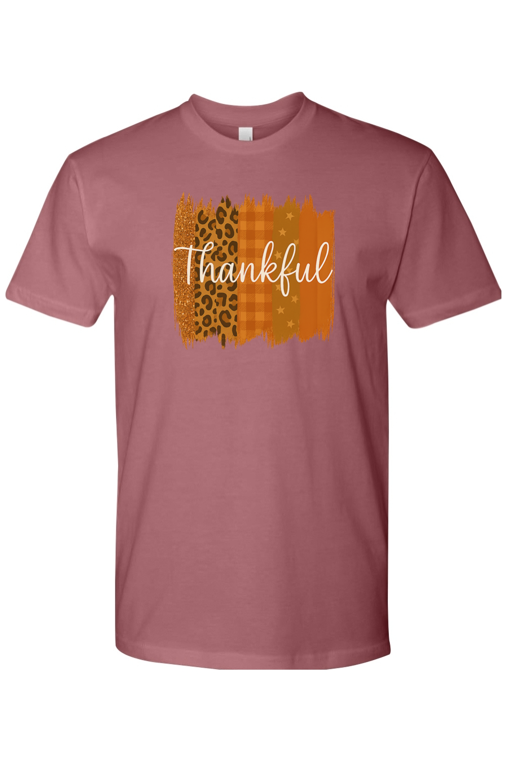 Mauve dark pink Thanksgiving t-shirt with "Thankful" text and patchwork leopard print, plaid, stars design trendy cute girly fall holiday short sleeve shirt