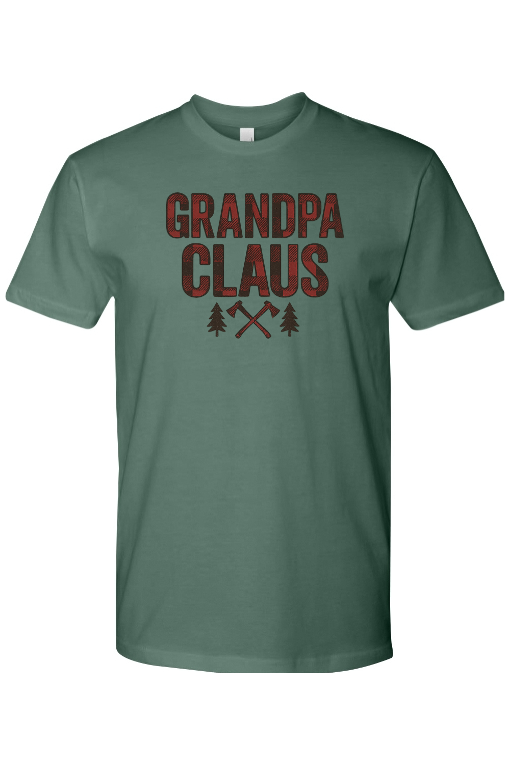 Pine green Christmas t-shirt with "Grandpa Claus" text in buffalo plaid with two axes and two trees design cool trendy grandpa grandparent holiday short sleeve shirt