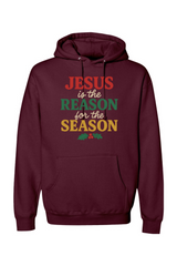 Maroon Christmas hoodie with 'Jesus is the Reason for the Season' text in red, green, and yellow color and a holly design underneath Jesus Christian holiday long sleeve hooded sweatshirt